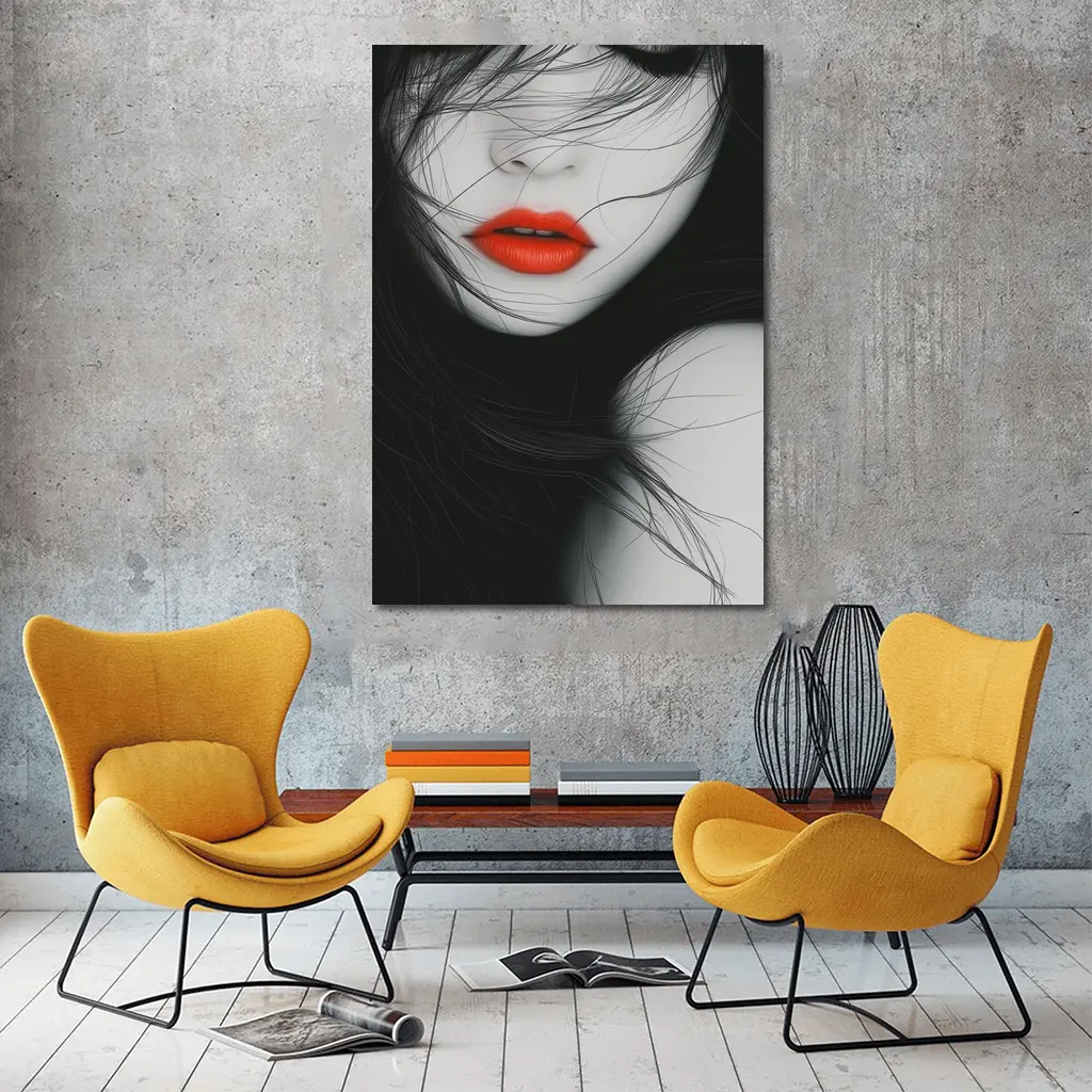 Woman Red Lips Black White Minimal Art – Wall Art
