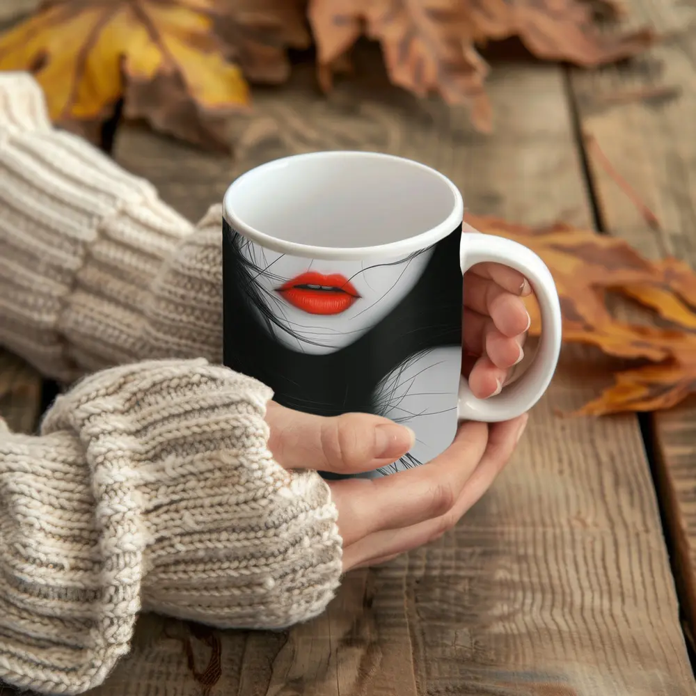 Woman Red Lips Black White Minimal Art – Mugs
