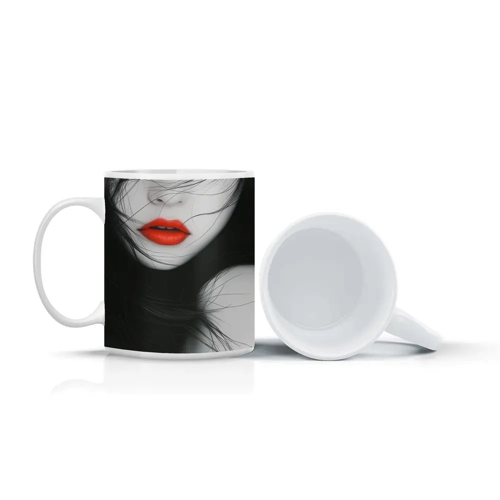 Woman Red Lips Black White Minimal Art – Mugs