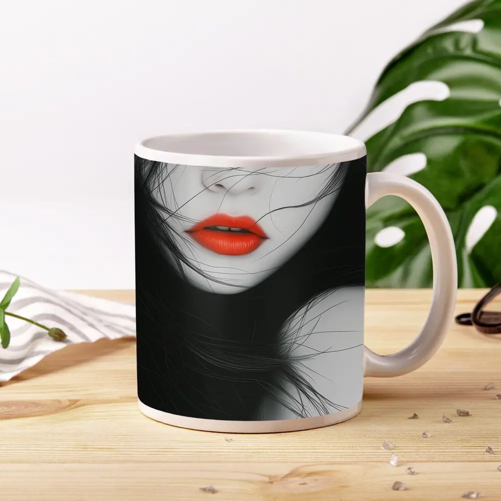 Woman Red Lips Black White Minimal Art – Mugs