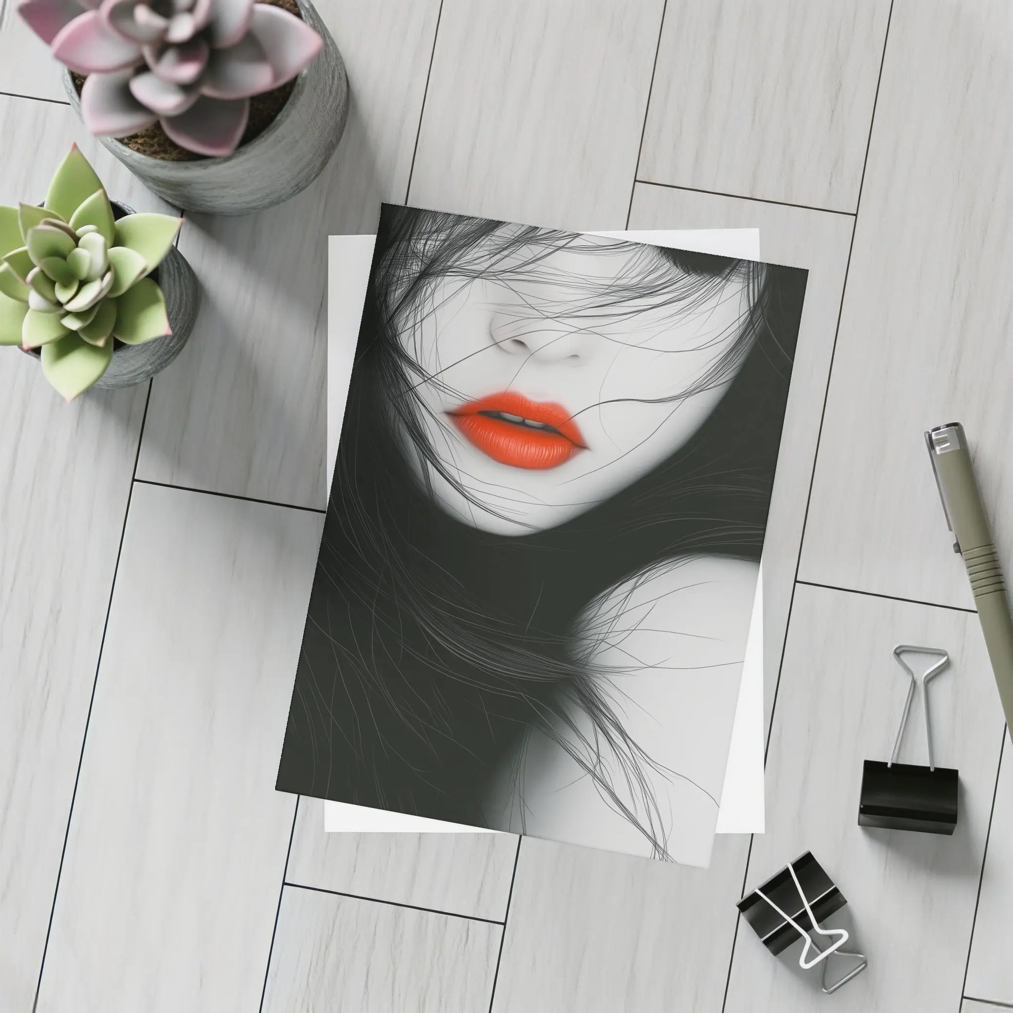 Woman Red Lips Black White Minimal Art – Postcards