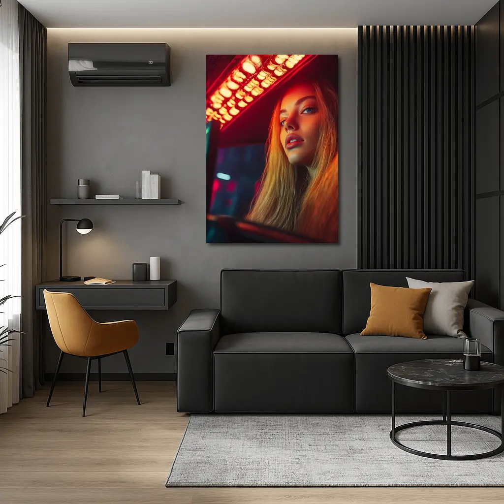 Young Woman Neon Red Light Night Scene – Wall Art
