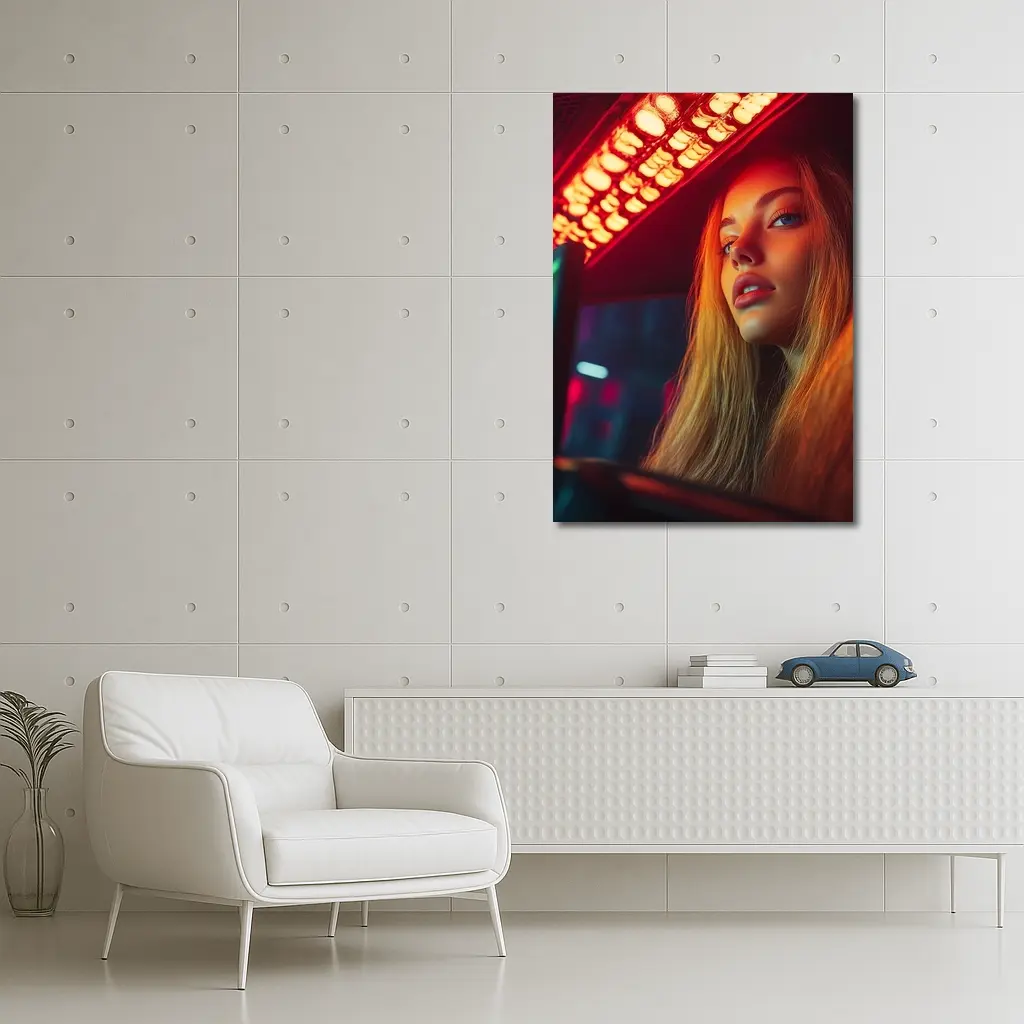Young Woman Neon Red Light Night Scene – Wall Art