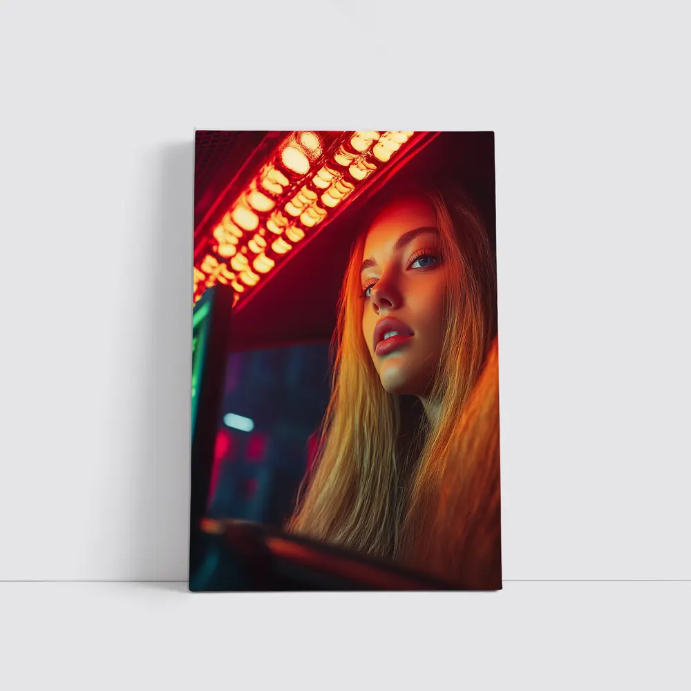 Young Woman Neon Red Light Night Scene – Wall Art