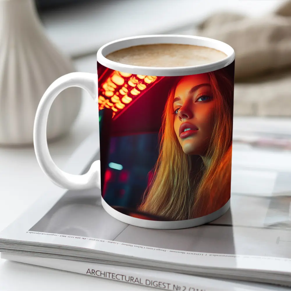 Young Woman Neon Red Light Night Scene – Mugs