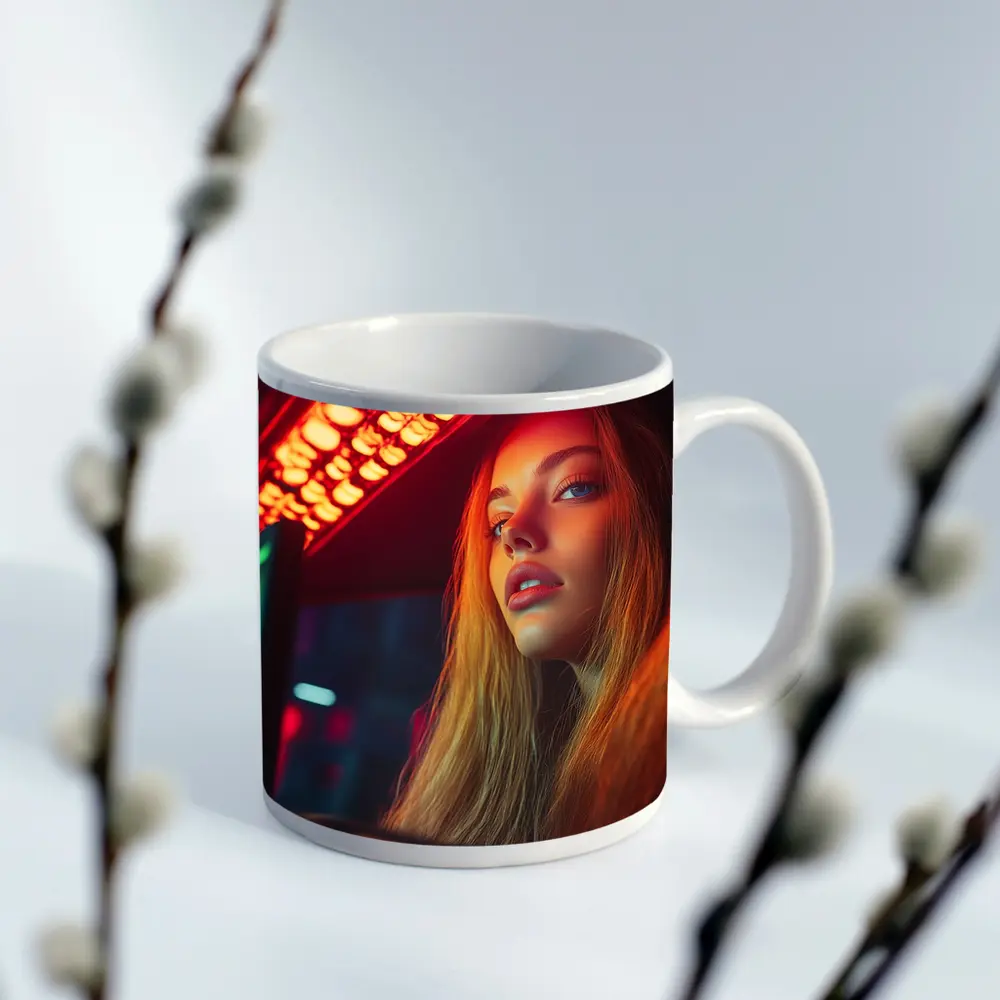 Young Woman Neon Red Light Night Scene – Mugs