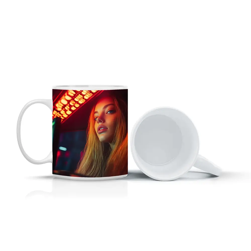 Young Woman Neon Red Light Night Scene – Mugs