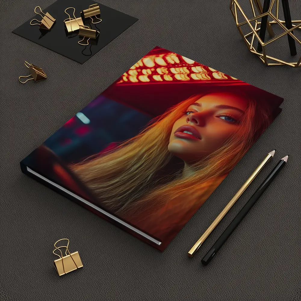 Young Woman Neon Red Light Night Scene – Notebooks