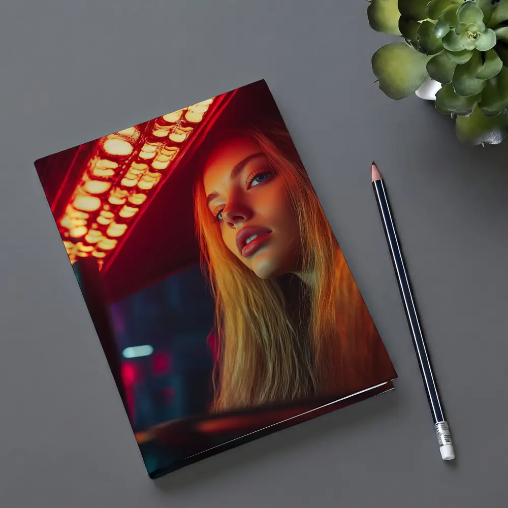 Young Woman Neon Red Light Night Scene – Notebooks