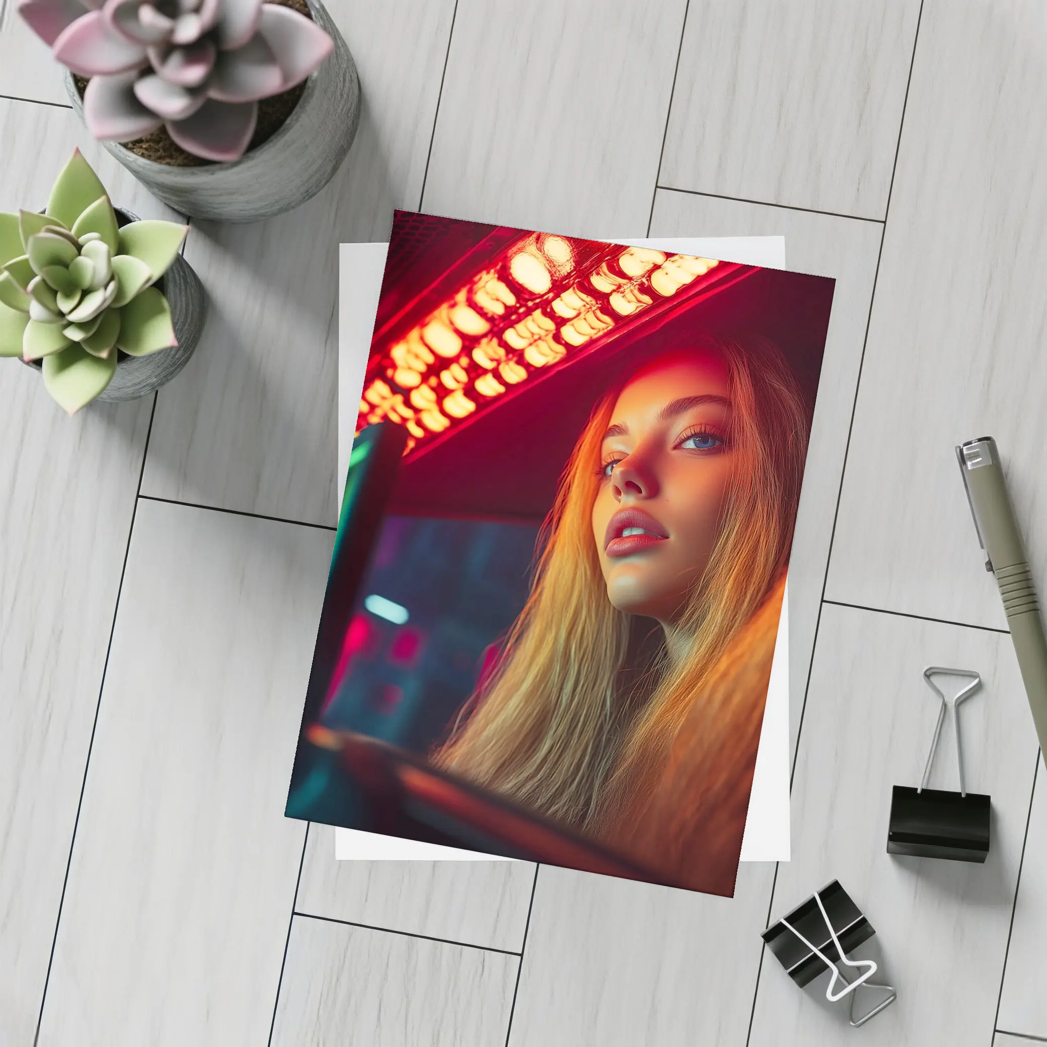 Young Woman Neon Red Light Night Scene – Postcards