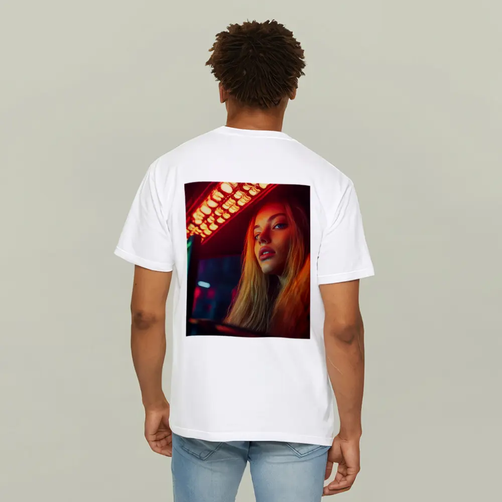 Young Woman Neon Red Light Night Scene – T-Shirts