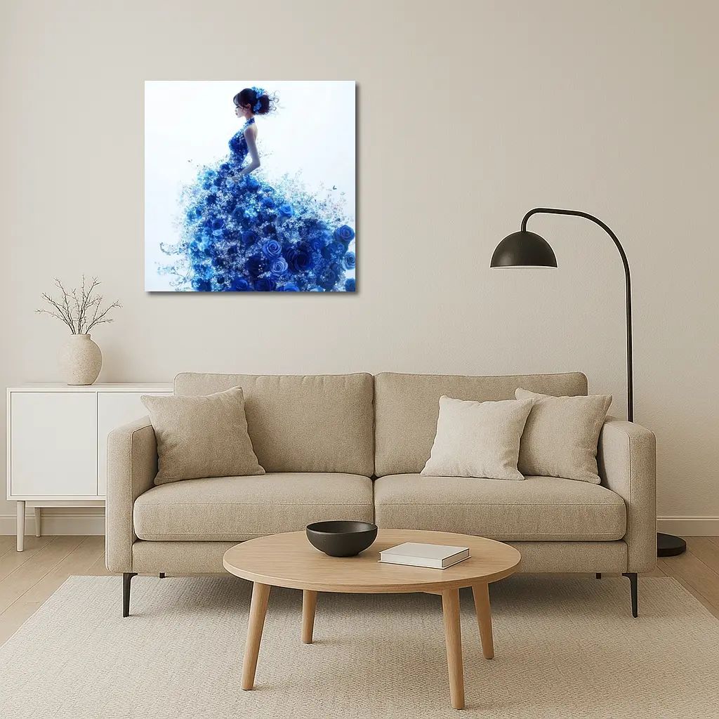 Woman Blue Rose Floral Dress White Background – Wall Art