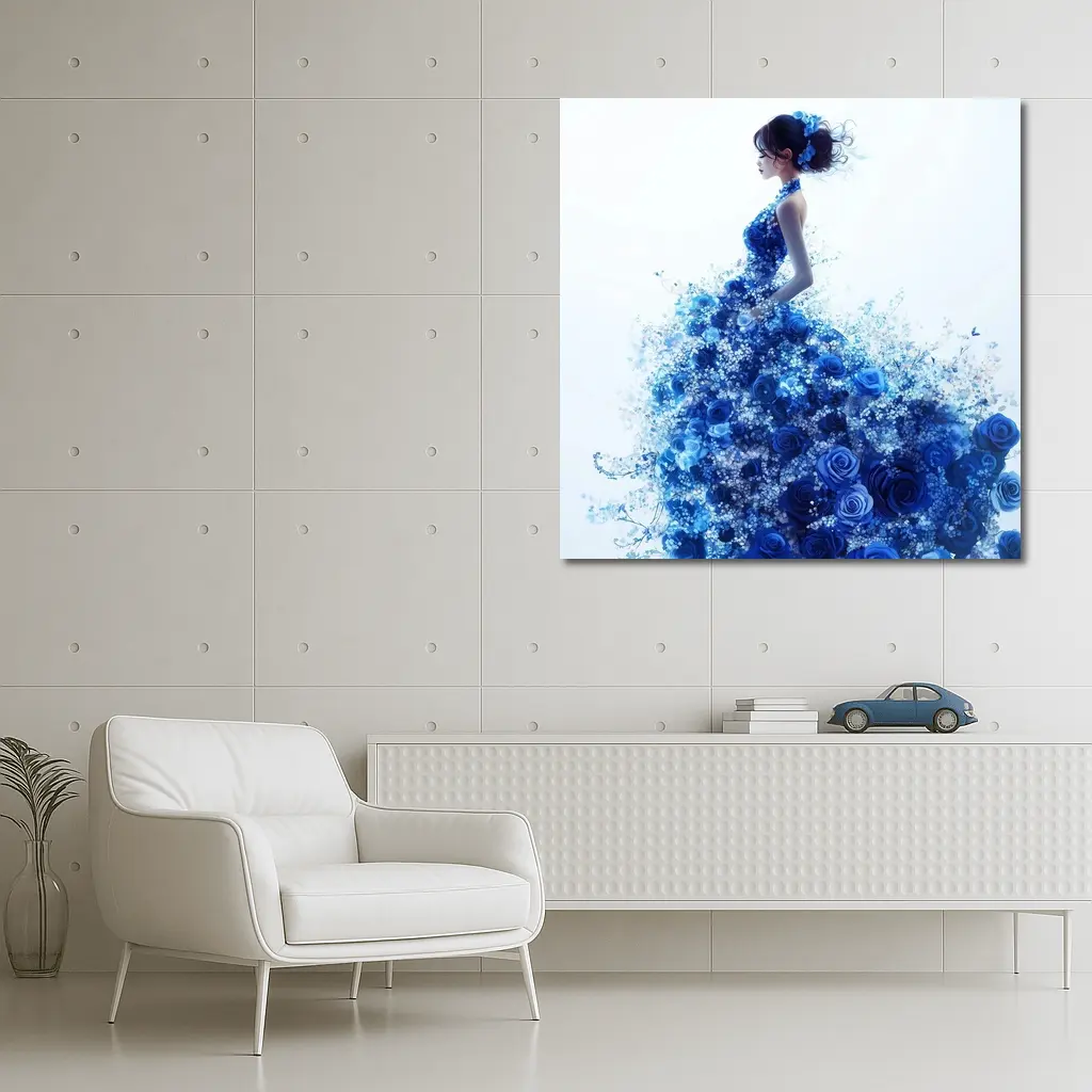 Woman Blue Rose Floral Dress White Background – Wall Art