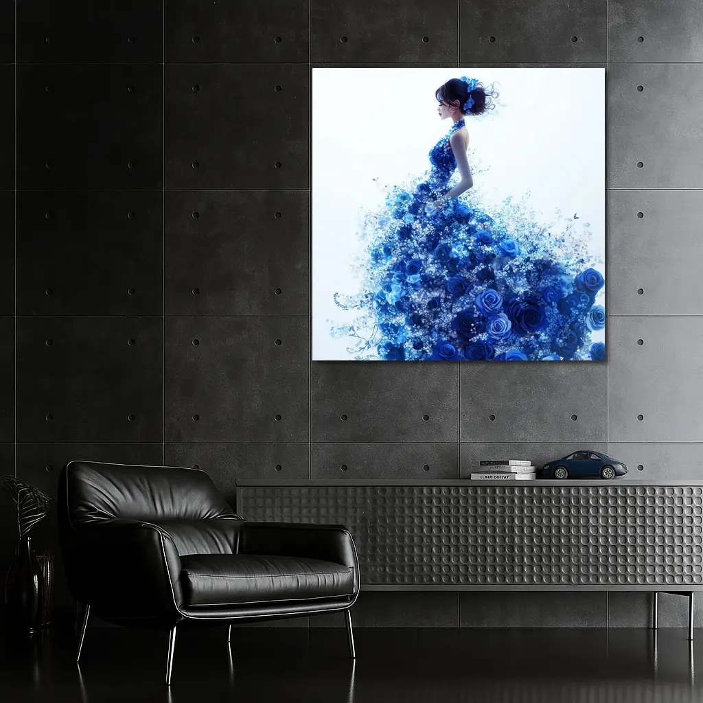 Woman Blue Rose Floral Dress White Background – Wall Art