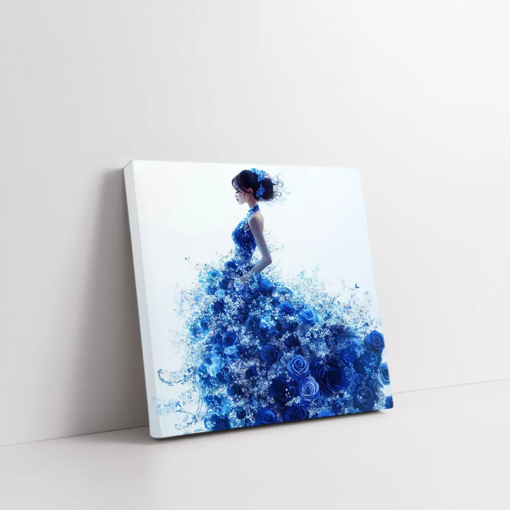 Woman Blue Rose Floral Dress White Background – Wall Art