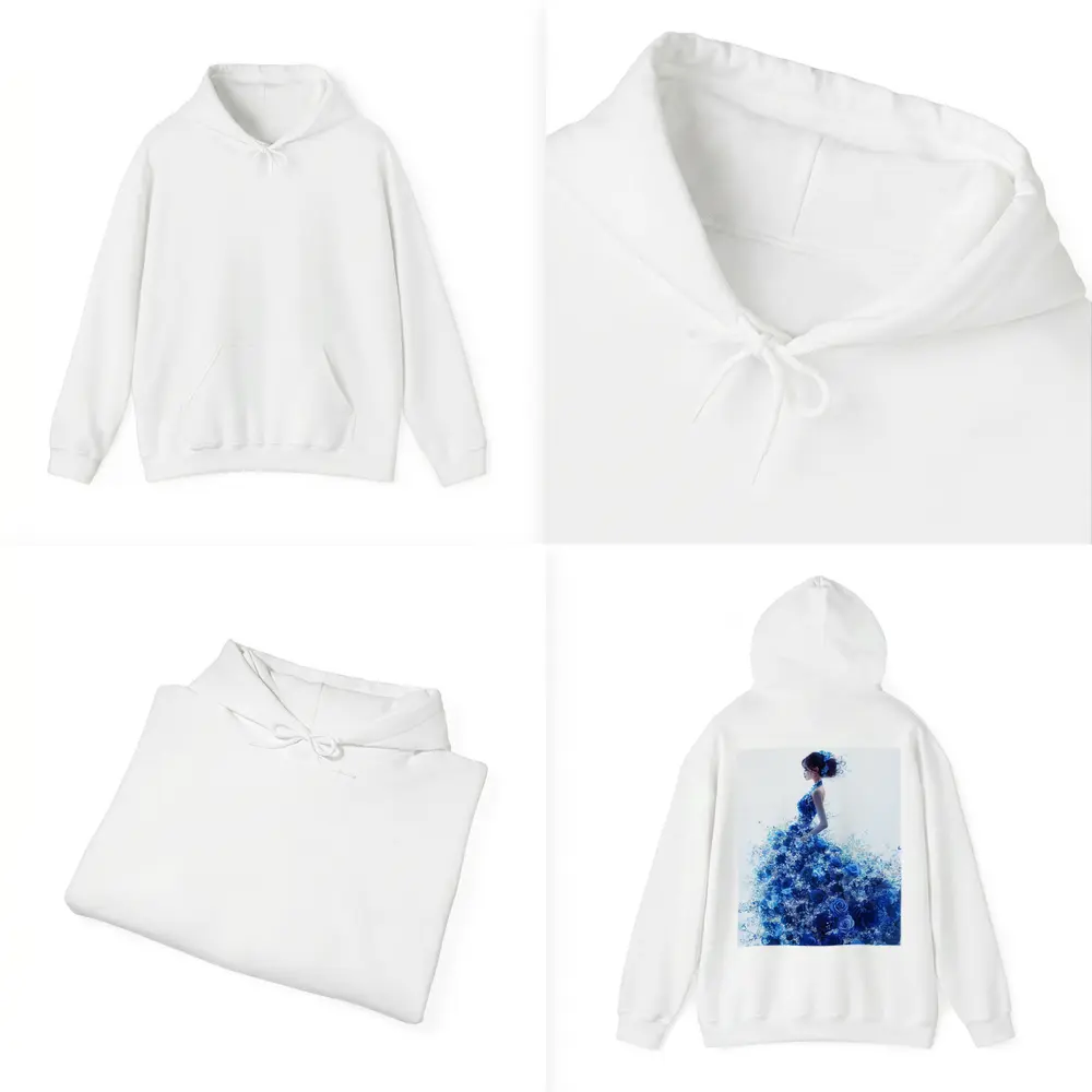 Woman Blue Rose Floral Dress White Background – Hoodies