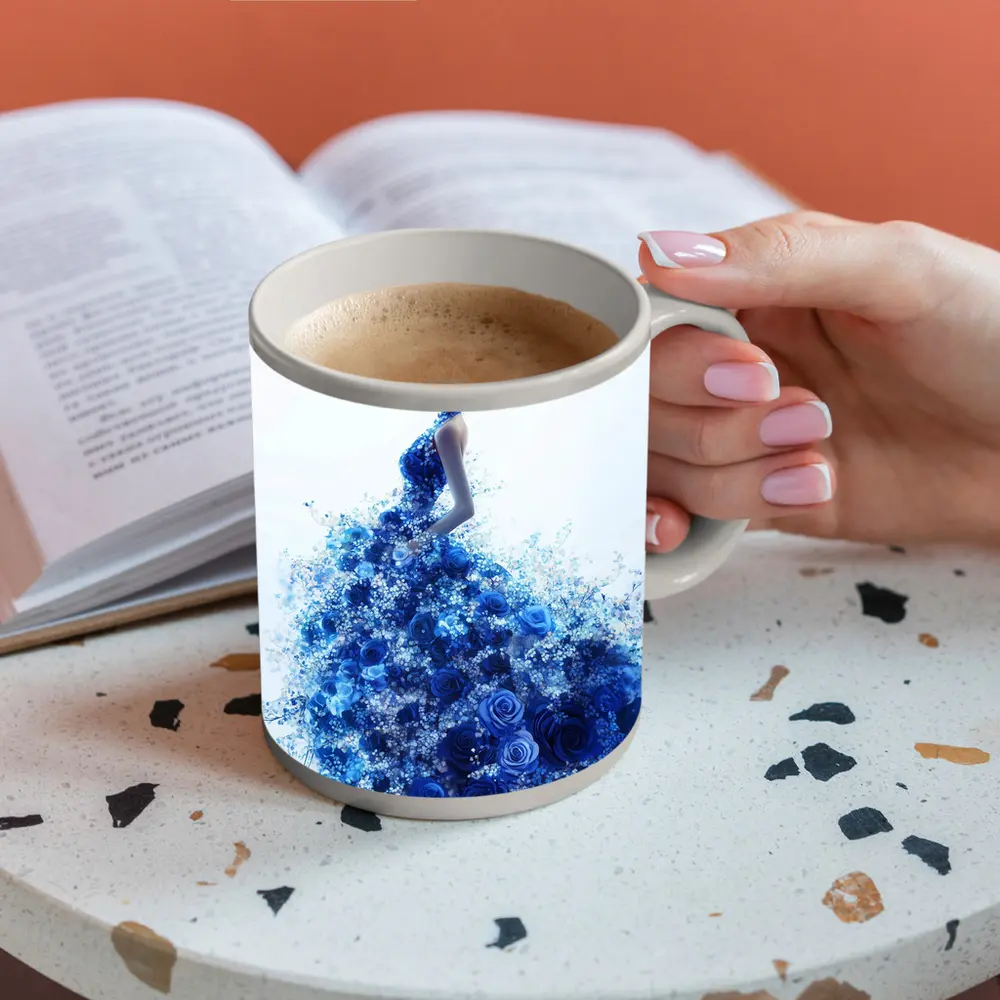 Woman Blue Rose Floral Dress White Background – Mugs