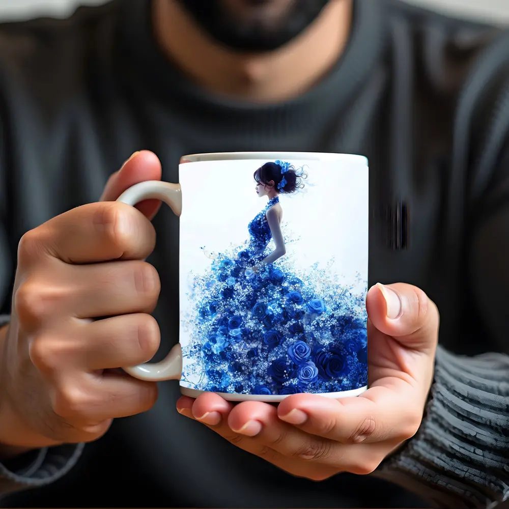 Woman Blue Rose Floral Dress White Background – Mugs