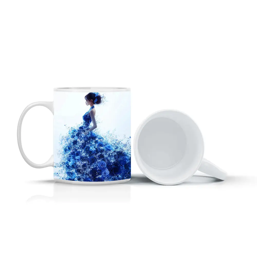 Woman Blue Rose Floral Dress White Background – Mugs