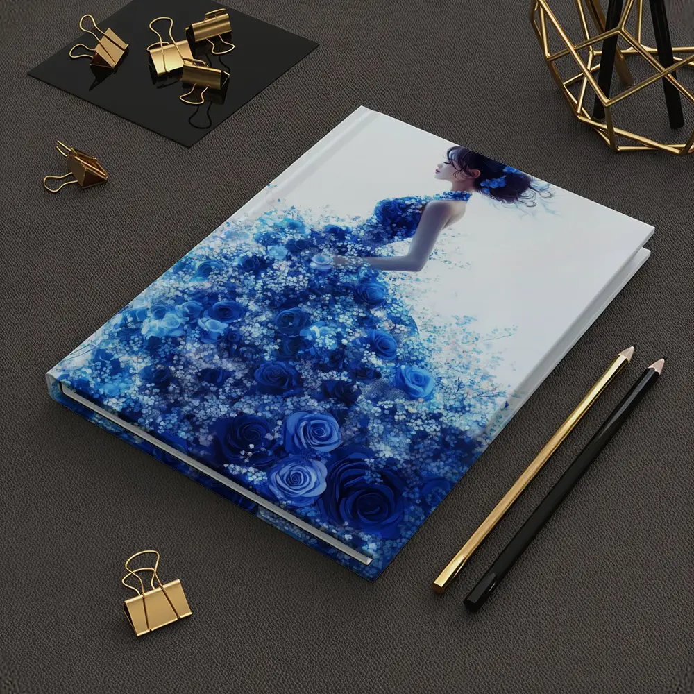 Woman Blue Rose Floral Dress White Background – Notebooks