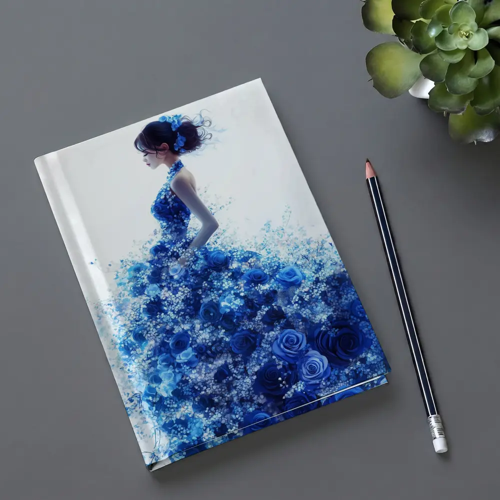 Woman Blue Rose Floral Dress White Background – Notebooks