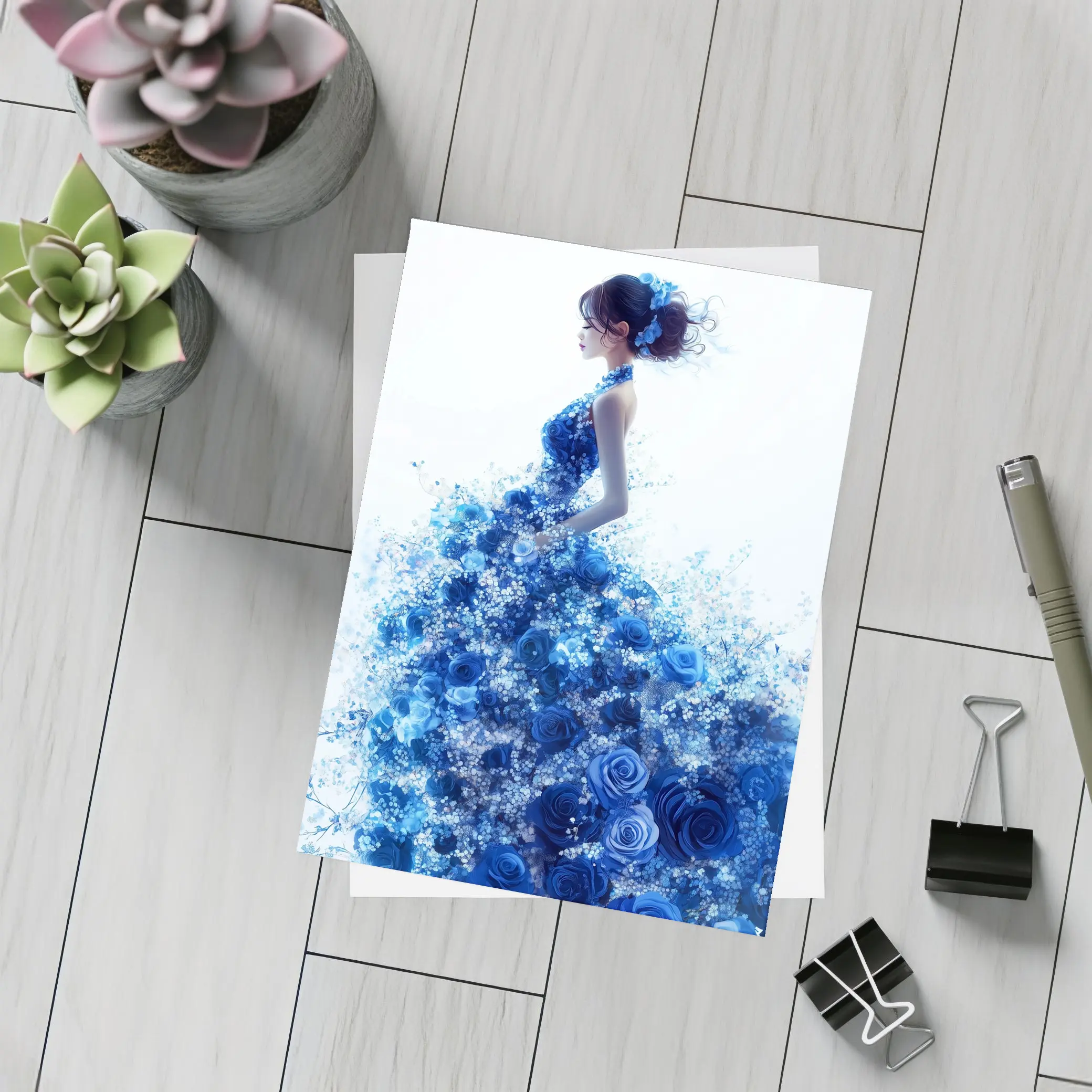 Woman Blue Rose Floral Dress White Background – Postcards