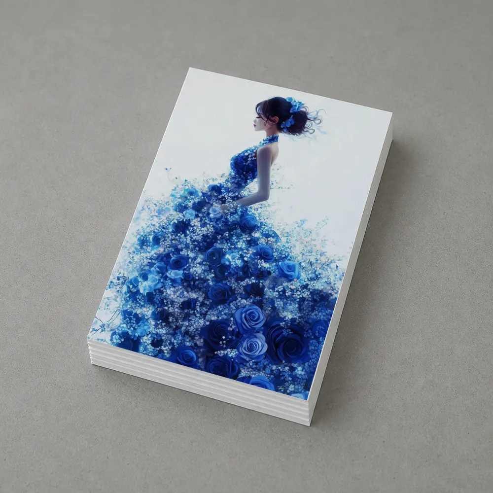 Woman Blue Rose Floral Dress White Background – Postcards