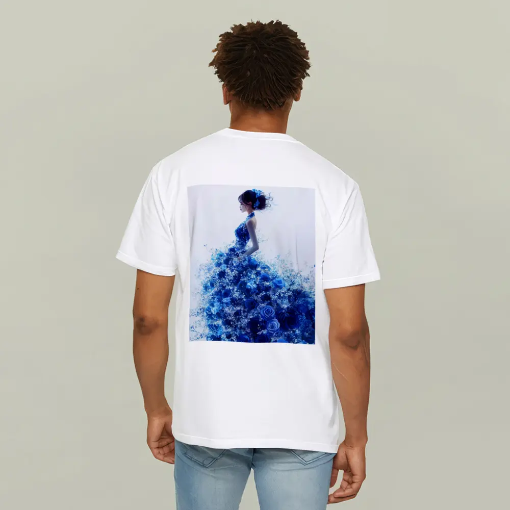 Woman Blue Rose Floral Dress White Background – T-Shirts
