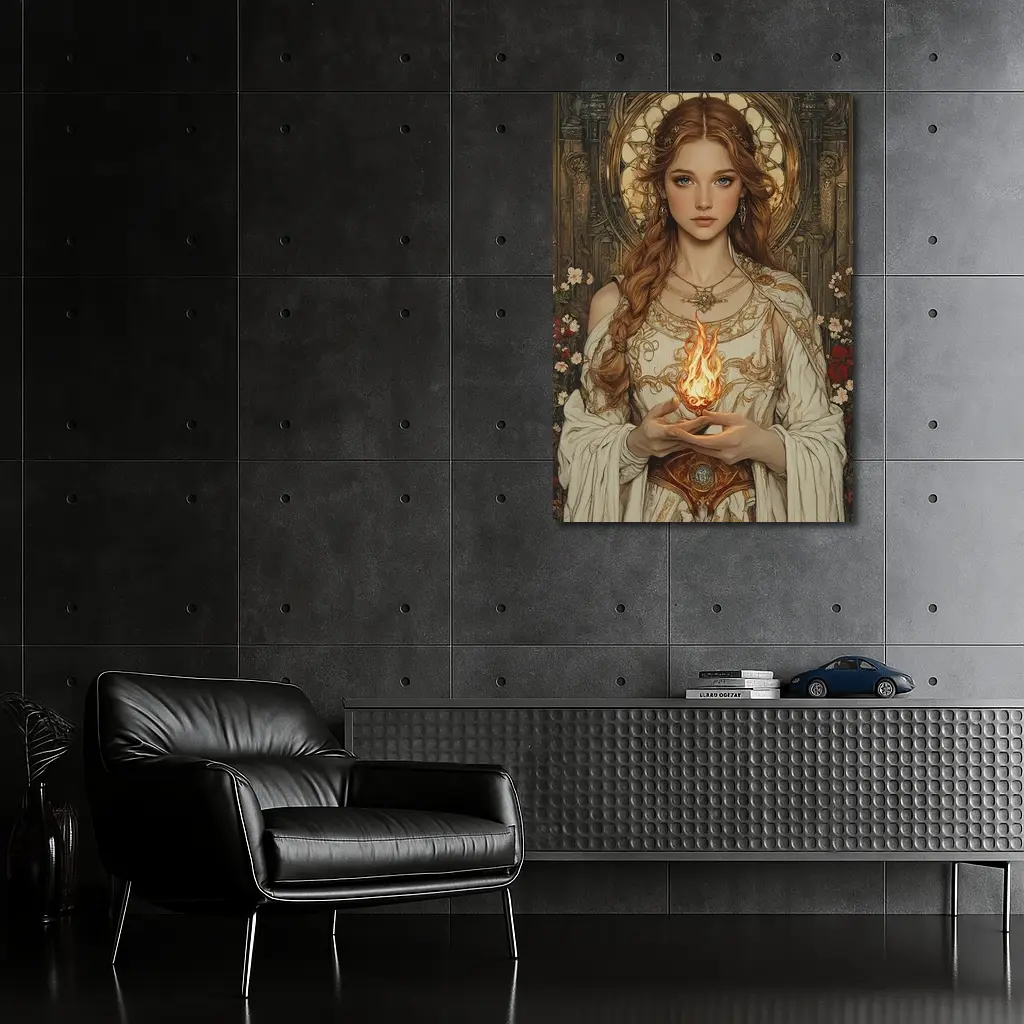 Art Nouveau Girl Holding Sacred Flame Floral – Wall Art