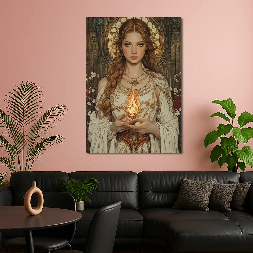 Art Nouveau Girl Holding Sacred Flame Floral – Wall Art