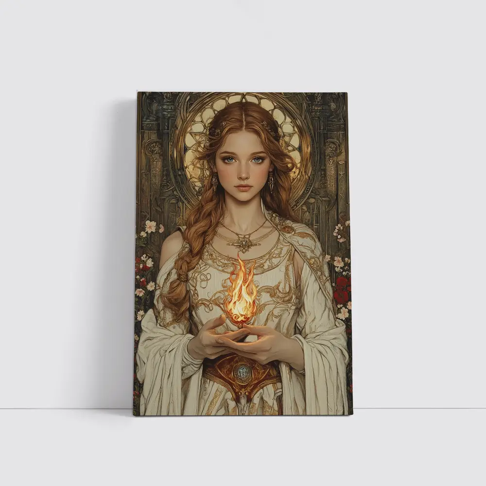 Art Nouveau Girl Holding Sacred Flame Floral – Wall Art