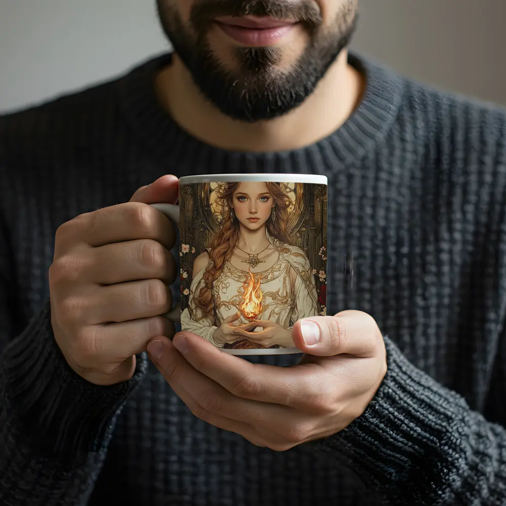 Art Nouveau Girl Holding Sacred Flame Floral – Mugs