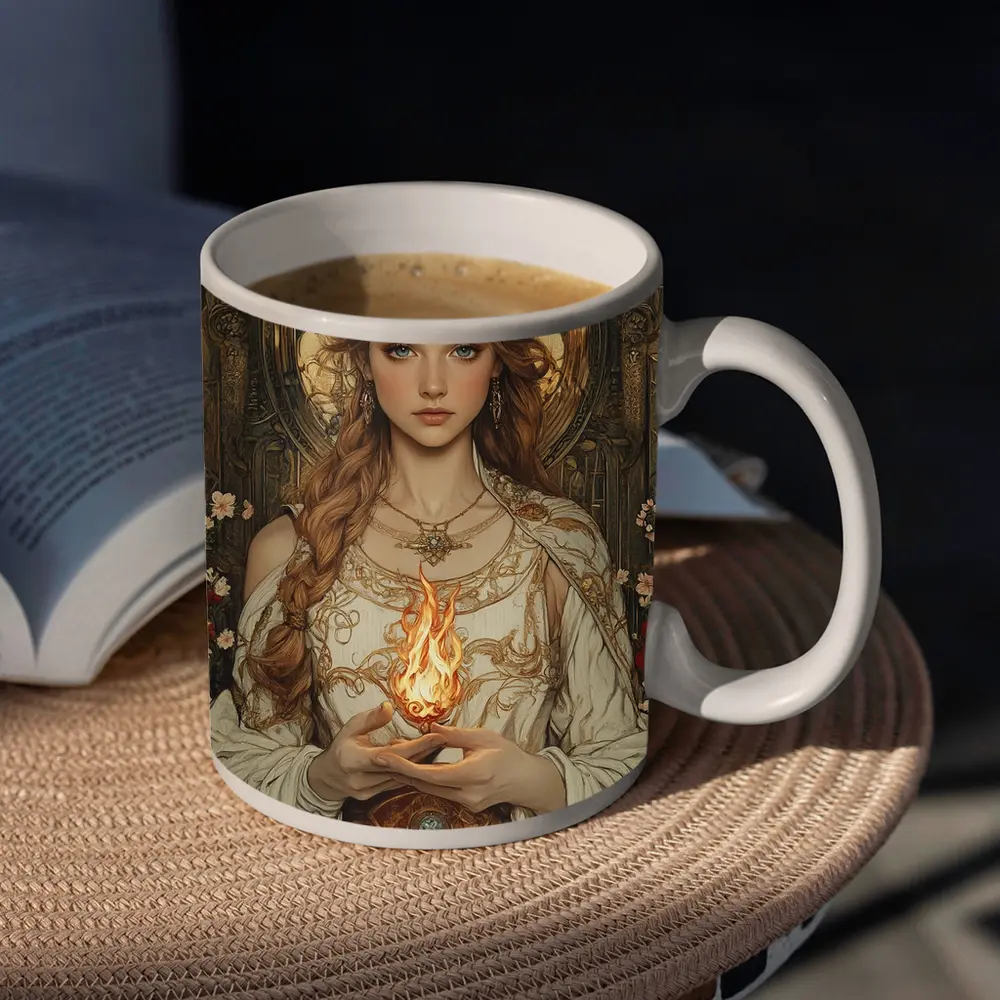 Art Nouveau Girl Holding Sacred Flame Floral – Mugs