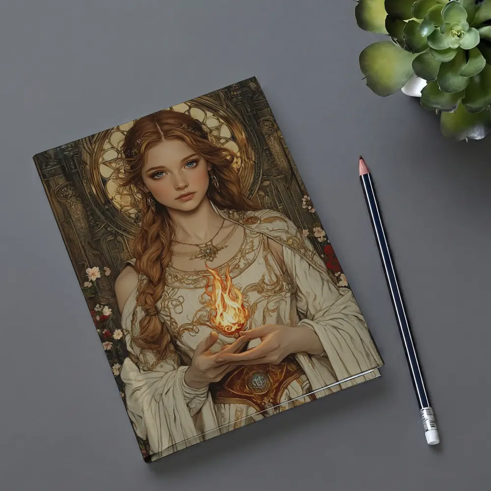 Art Nouveau Girl Holding Sacred Flame Floral – Notebooks