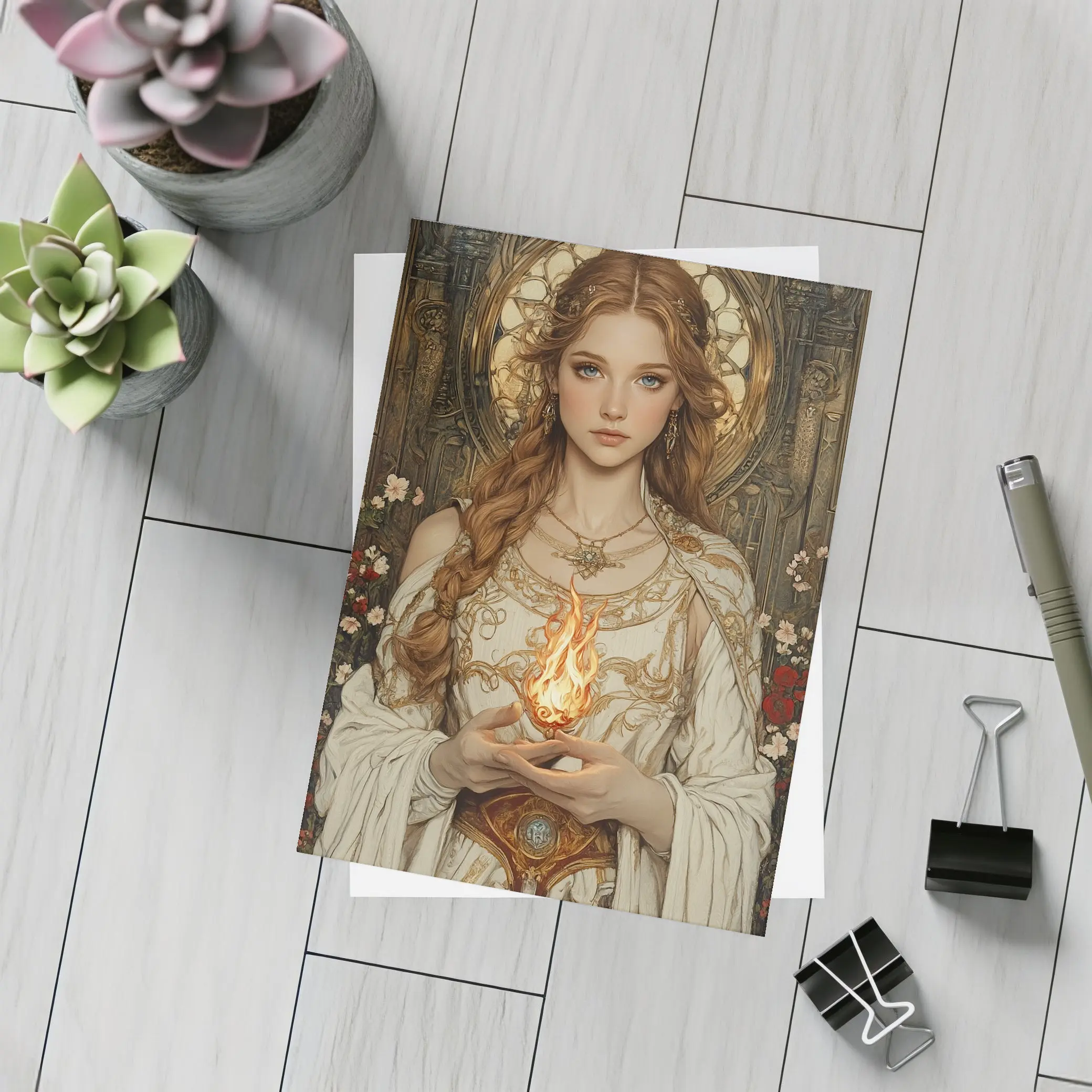 Art Nouveau Girl Holding Sacred Flame Floral – Postcards