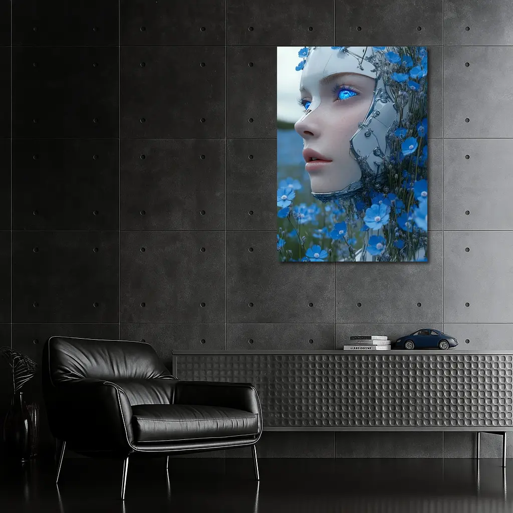 Cyberpunk Robot Woman Blue Flower Field – Wall Art