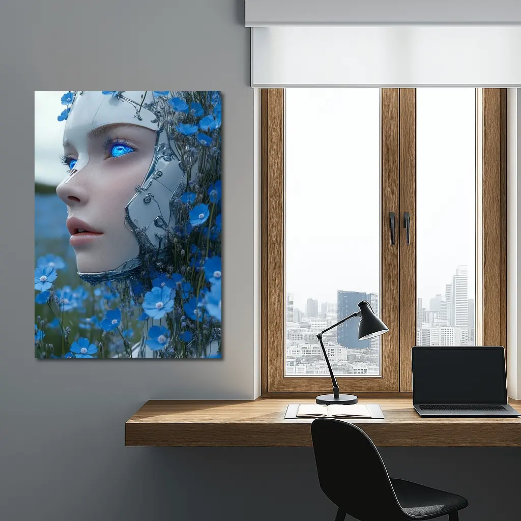 Cyberpunk Robot Woman Blue Flower Field – Wall Art
