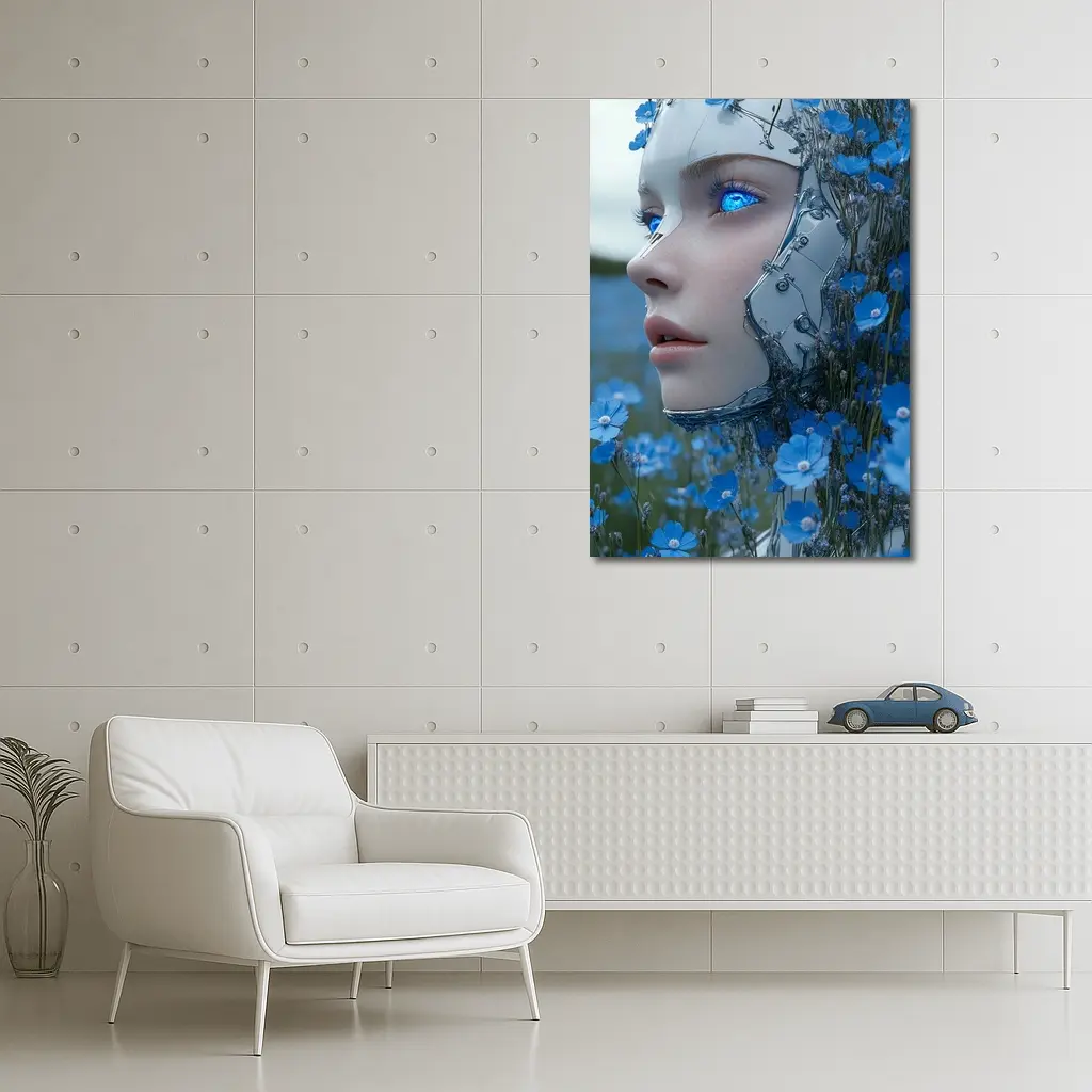 Cyberpunk Robot Woman Blue Flower Field – Wall Art
