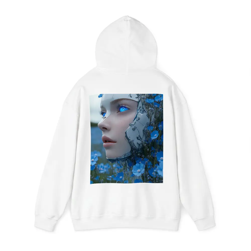 Cyberpunk Robot Woman Blue Flower Field – Hoodies