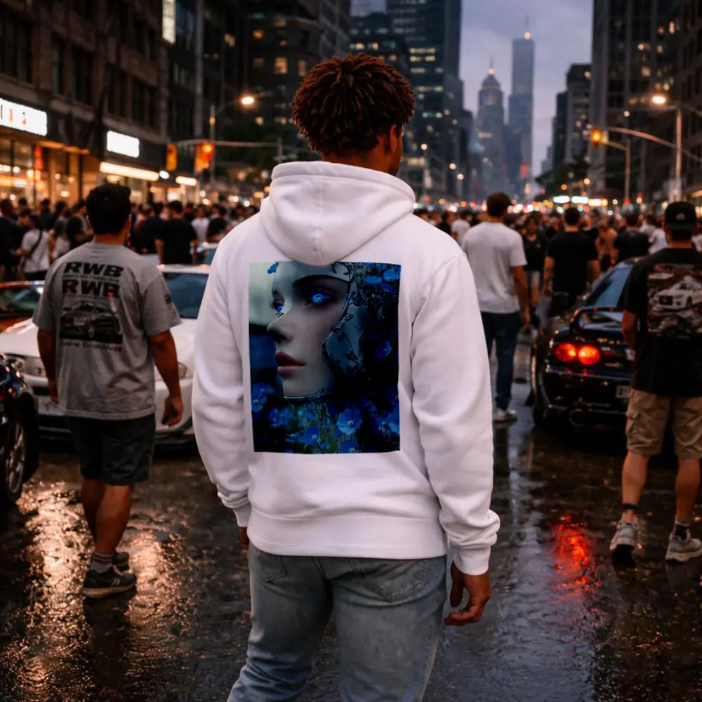 Cyberpunk Robot Woman Blue Flower Field – Hoodies