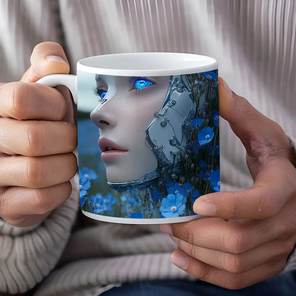 Cyberpunk Robot Woman Blue Flower Field – Mugs