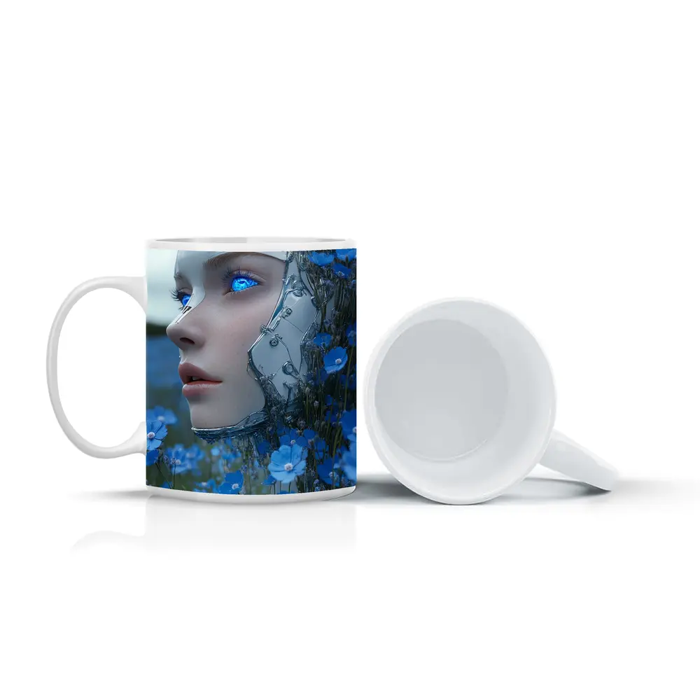 Cyberpunk Robot Woman Blue Flower Field – Mugs