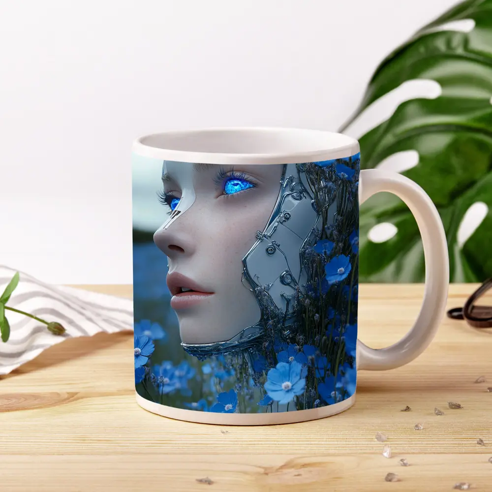 Cyberpunk Robot Woman Blue Flower Field – Mugs