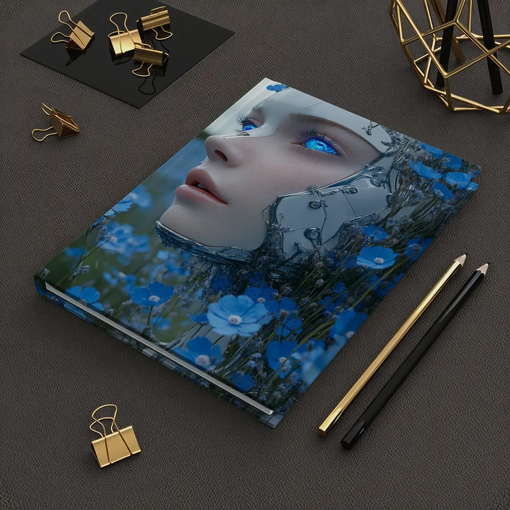 Cyberpunk Robot Woman Blue Flower Field – Notebooks