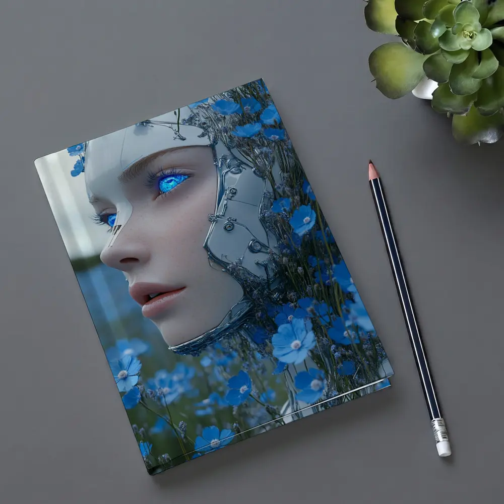 Cyberpunk Robot Woman Blue Flower Field – Notebooks