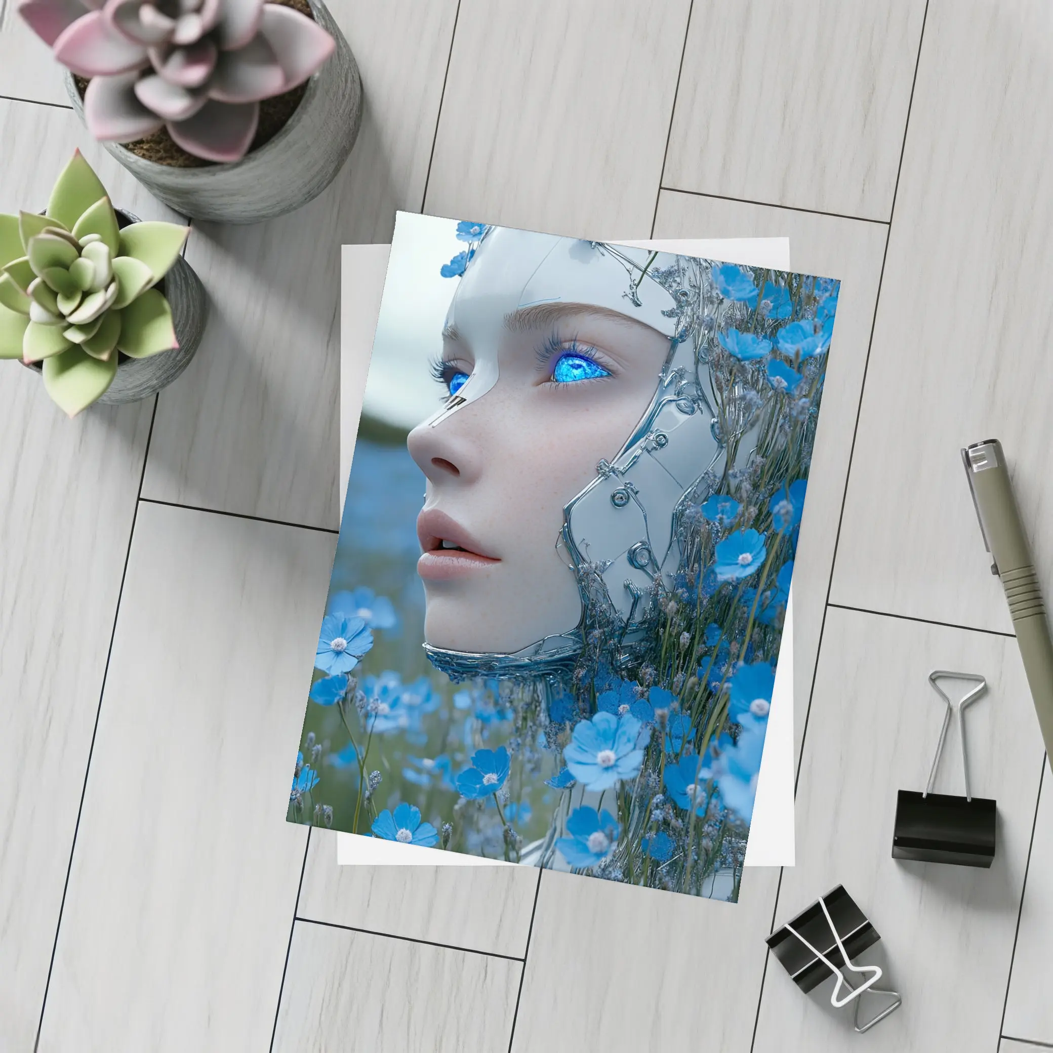 Cyberpunk Robot Woman Blue Flower Field – Postcards