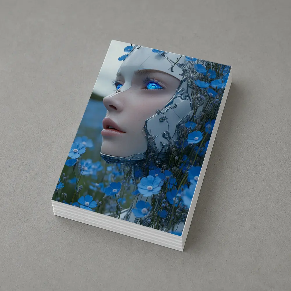 Cyberpunk Robot Woman Blue Flower Field – Postcards