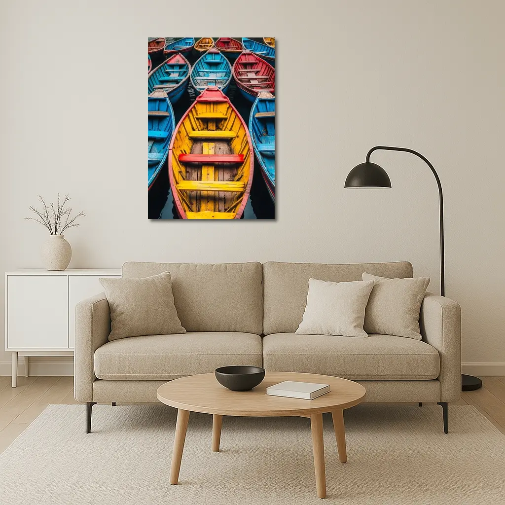 Colorful Wooden Rowing Boats on Water – Wall Art