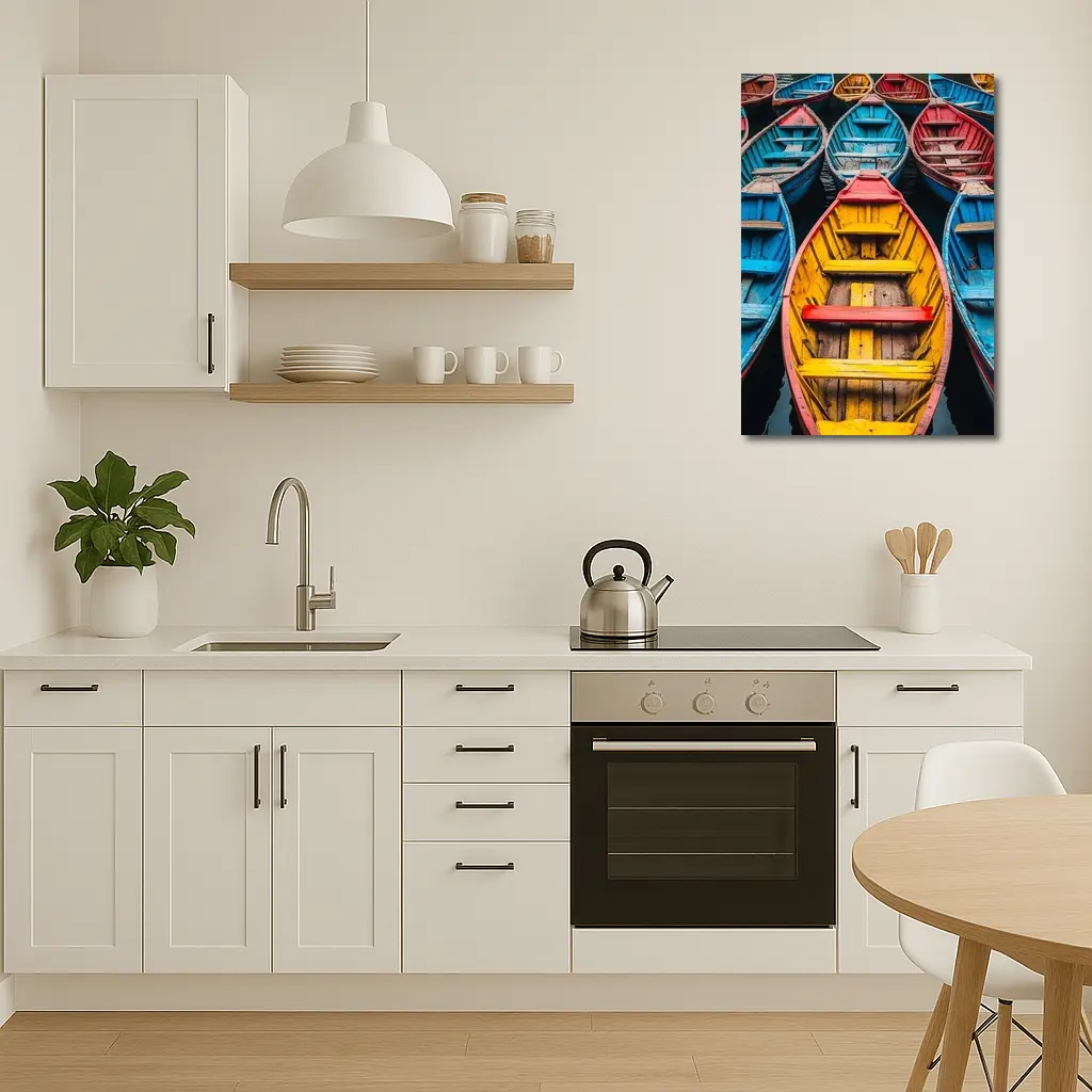 Colorful Wooden Rowing Boats on Water – Wall Art