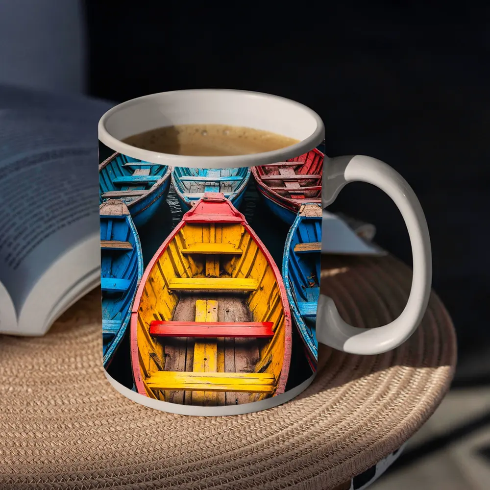 Colorful Wooden Rowing Boats on Water – Mugs